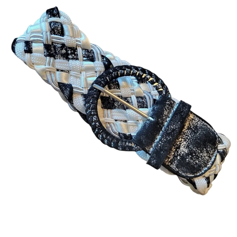 Black White Mixed Textiles Braided Chunky Belt